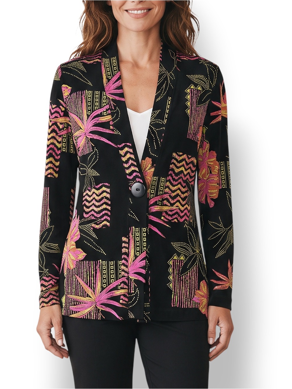 4/$20 The Travel Collection Black Tropical Print One Button Jacket Blazer Small